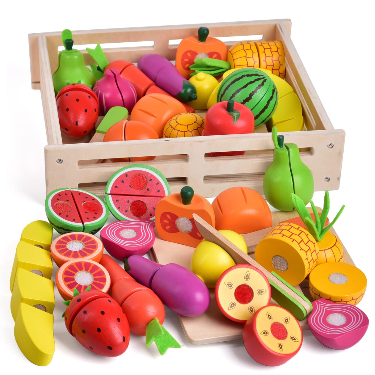 FUN LITTLE TOYS 35PCS Wooden Play Food for Kids Kitchen, Pretend Cutting Food Toys with Wooden Tray, Dishes and Knife for Kids, Pretend Play Food FUN LITTLE TOYS