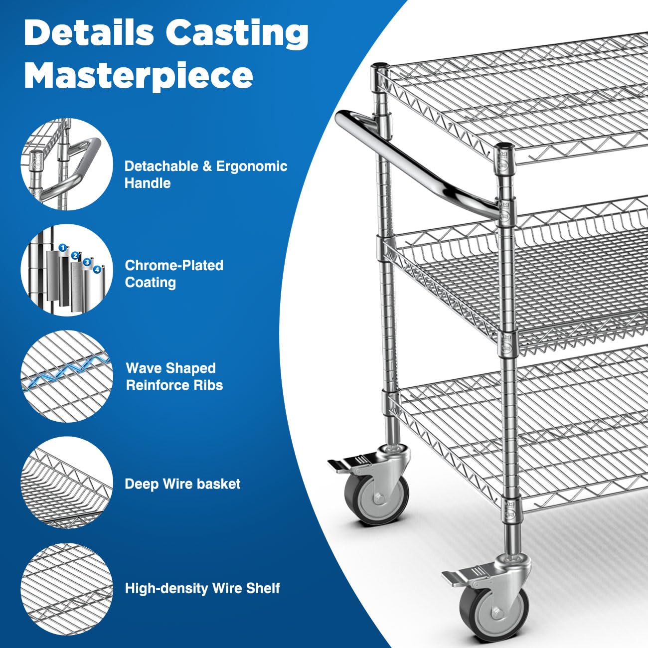 Leteuke 1120LBS Heavy Duty Rolling Utility Cart,3 Tier Rolling Carts with Wheels,NSF Commercial Grade with Handle Bar & Shelf Liners,45"x25"x39"Storage Cart for Kitchen,Restaurant,Plant Display,Chrome