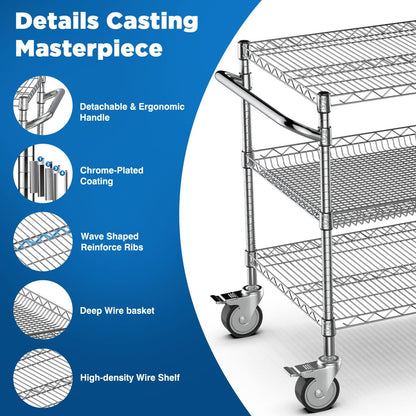 Leteuke 1120LBS Heavy Duty Rolling Utility Cart,3 Tier Rolling Carts with Wheels,NSF Commercial Grade with Handle Bar & Shelf Liners,45"x25"x39"Storage Cart for Kitchen,Restaurant,Plant Display,Chrome