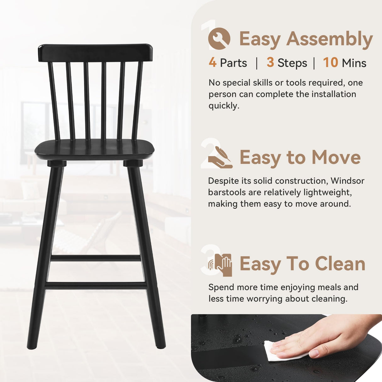 LUE BONA Windsor Wooden Bar Stools Set of 3 for Kitchen Island, Farmhouse 24 Inch Counter Height Stools Chairs with Spindle Back, Black LUE BONA