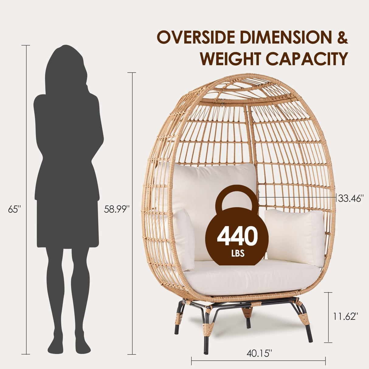 OTSUN Wicker Egg Chair, Oversized Egg Basket Chair for Living Room, Backyard, Outdoor Indoor Lounger with 4 Cushions, 440lb Capacity, Steel Frame, Ivory OTSUN