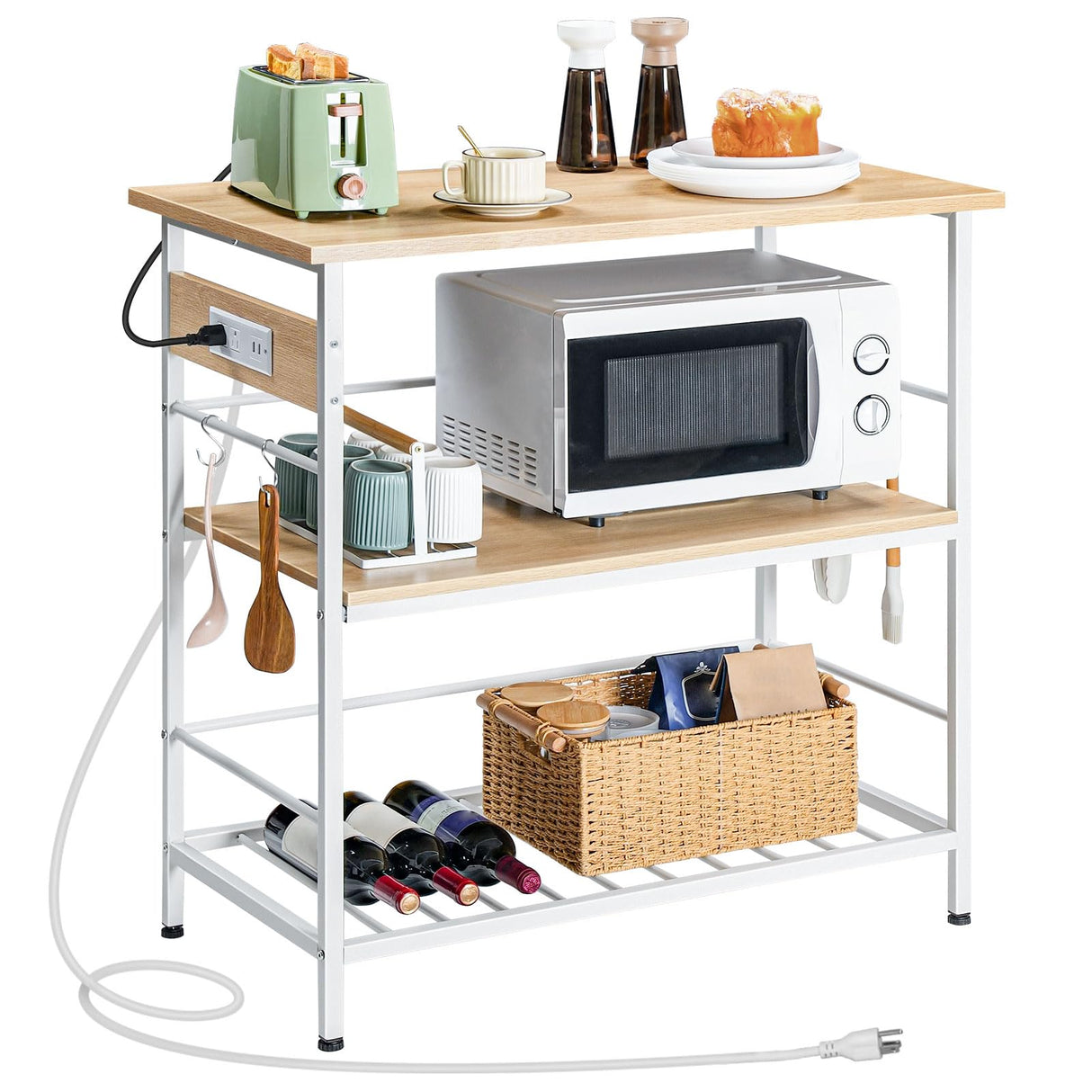 HOOBRO Kitchen Island with Storage, Kitchen Island Table with Power Outlet, 3 Tier Coffee Station and Microwave Stand, for Home, Kitchen and Dining Room, Natural and White WN021ZD01 HOOBRO