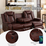 AYCP Furniture Power Recliner Set with LED Lights, Air Leather Reclining Set with USB Port/Wireless Charger/Storage Console/Cup Holder for House/HomeTheater/Apt (Burgundy, Sofa+2Chairs) AYCP Furniture