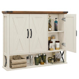 Halitaa Bathroom Wall Cabinet, Farmhouse Medicine Cabinet with Adjustable Wood Shelf & 3 Doors, Over The Toilet Storage Cabinet for Wall Mounted for Bathroom Laundry Room Kitchen, White and Brown Halitaa