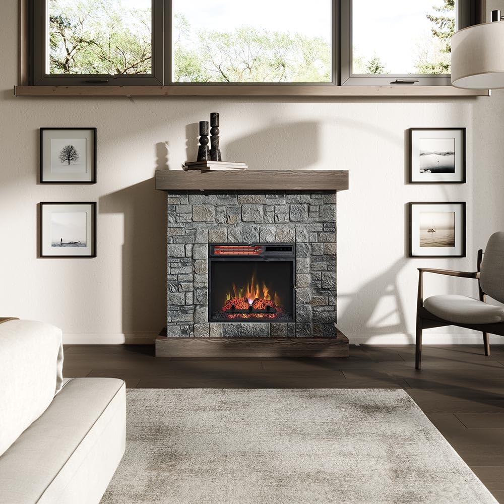 Modern Ember Raeford 40 Inch Wood Fireplace Mantel with Stone Brick Surround and 18" Electric Fireplace Insert | 40" L x 40" H x 11.5" D Modern Ember