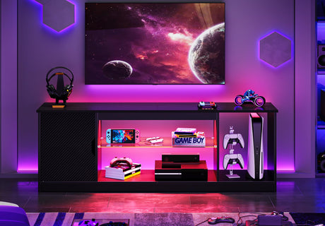 Bestier Led Entertainment Center for PS5, Gaming TV Stand with Cabinet for 60/65 Inch TV, Modern TV Console with Adjustable Glass Shelf for Living Room Easy Assembly Carbon Fiber Black Bestier