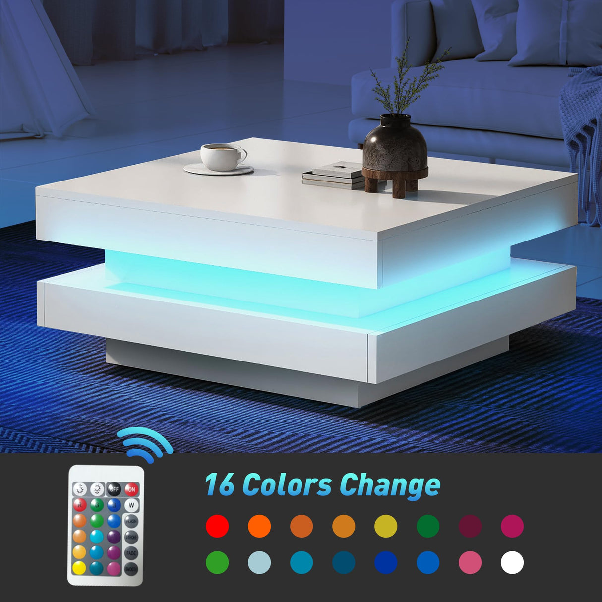 LED Coffee Table for Living Room, 2 Tier Modern Square Middle Center Table, Unique High Gloss Coffee Table with 16 Colors LED Lights & Remote Control, for Home Party Office Reception Room, White GlowSpark