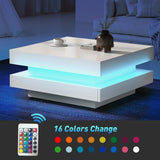 LED Coffee Table for Living Room, 2 Tier Modern Square Middle Center Table, Unique High Gloss Coffee Table with 16 Colors LED Lights & Remote Control, for Home Party Office Reception Room, White GlowSpark