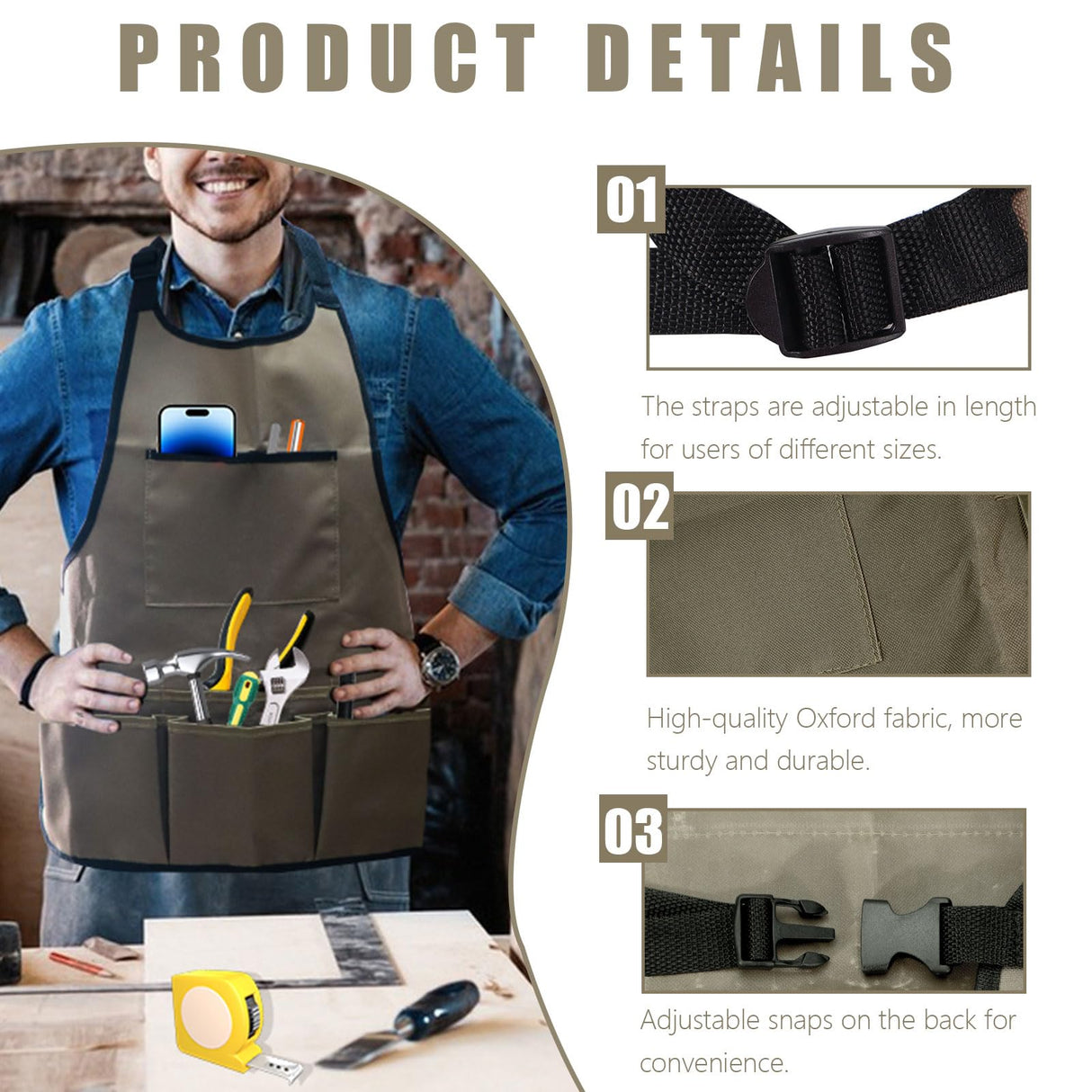 Realand 14 Pockets Tool Apron + 13 Pockets Waist Tool Belt, Sturdy Oxford Work Apron Vest for Carpenter Garden Woodworker Shop, Woodworking Aprons for Men Women, Khaki Realand