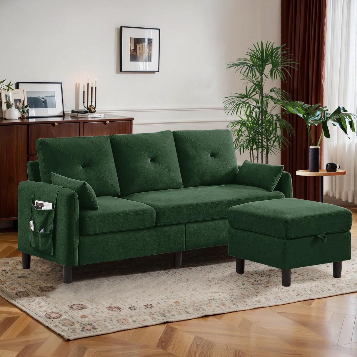 Portaforta 77" Convertible Sectional Couches with Storage Ottoman, 3-Seat L Shaped Couch with Side Storage Pockage, Linen Fabric Small Couches for Living Room, Apartment and Small Space, Green Portaforta