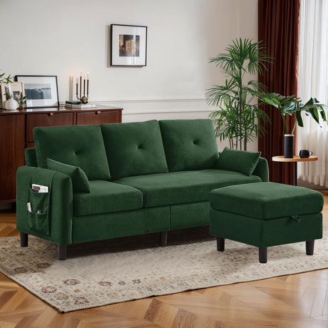 Portaforta 77" Convertible Sectional Couches with Storage Ottoman, 3-Seat L Shaped Couch with Side Storage Pockage, Linen Fabric Small Couches for Living Room, Apartment and Small Space, Green Portaforta