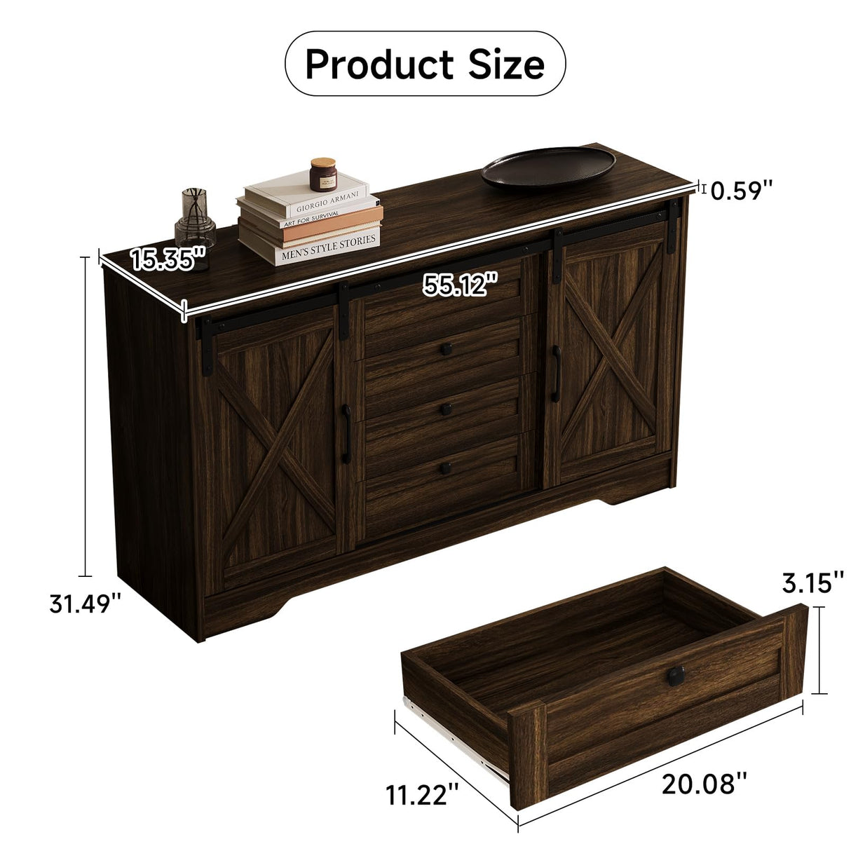 Luoxiao Sideboard Buffet Cabinet with Storage, 55 inch Farmhouse Cabinet with 4 Drawers, Sliding Barn Door, Adjustable Shelves, 32inch Tall Coffee Bar for Living Room, Kitchen, Dark Oak Luoxiao