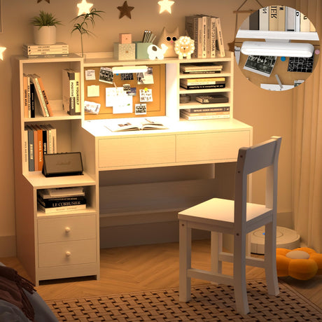 RUPOLX White Kids Desk and Chair Set for 5-12 Year Old,Kids Study with 3-Color Lights,Childrens Computer Desk with 4 Drawers, Kids Study Table with Storage Shelf -D-40 RUPOLX