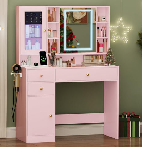HUANLEGO Vanity Desk with Mirror and Lights, Glass Top Vanity with Lights and RGB Cabinet & Jewellery Organizers, Makeup Vanity Desk with Lights, Power Outlet, Dressing Table for Bedroom, Pink HUANLEGO