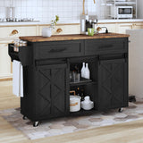 HOOBRO Kitchen Island with Storage, Power Outlet, Rolling Kitchen Island Cart on Wheels, with 2 Drawers, Sliding Barn Doors and Lockable Wheels, Farmhouse, Black BF28UZD01 HOOBRO
