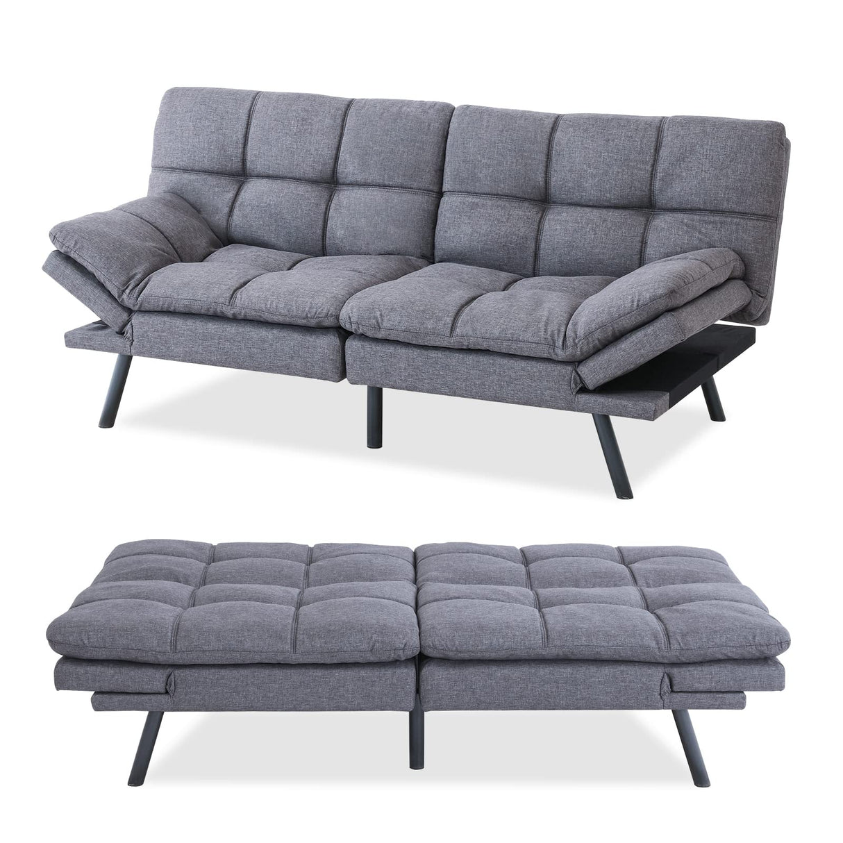 Hcore Convertible Splitback Futon Sofa Bed for Living Room, Office, Apartment - Memory Foam Sleeper Loveseat, Modern Small Couch in Grey Hcore