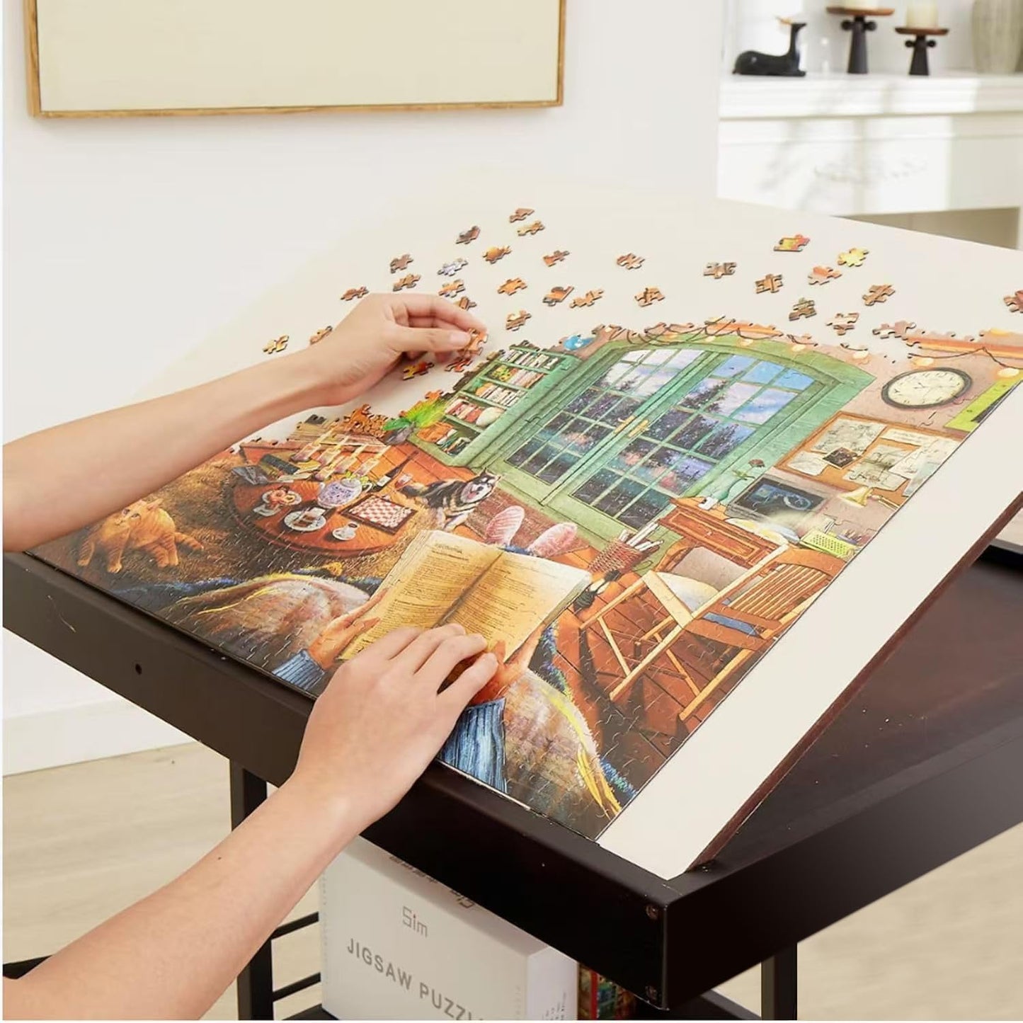 URFORESTIC 1500 Piece Jigsaw Puzzle Table with Legs,Rolling Jigsaw Puzzle Desk,35” X 25.2” Wooden Jigsaw Puzzle Board with Protective Cover for Adults(Dark Brown)