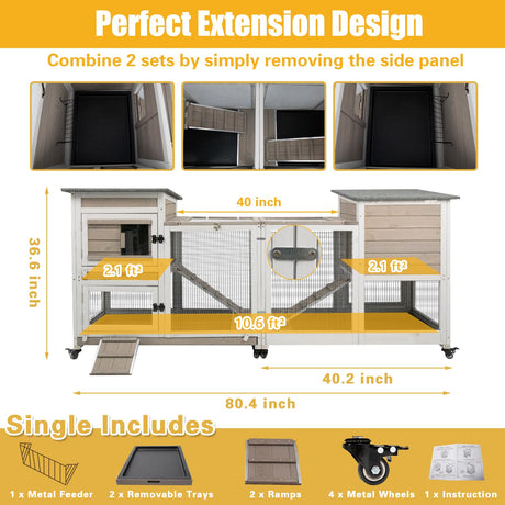Gowoodhut 40"L Rabbit Hutch Indoor Wooden Large Bunny Hutch Outdoor 2 Story Rabbit Cage on 4 Metal Wheels with Run and 2 Deeper Pull Out Trays UV Panel Guinea Pig Pet House for Small to Medium Animals Gowoodhut