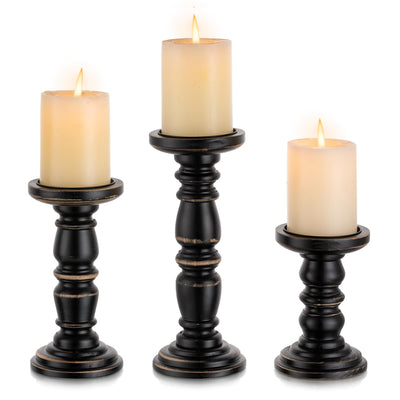 Inweder Wood Candle Holders for Pillar Candles, Solid Farmhouse Candle Holders (Set of 3), Tall Candle Holder, Stable Black Candle Holder for Home Decor, Fireplace, Event, Black