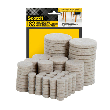 Scotch Felt Pads 162 PCS Beige, Felt Furniture Pads for Protecting Hardwood Floors, Round, Assorted Sizes Value Pack, Self-Stick design, Protecting from nicks, dents and scratches (SP845-NA) Scotch