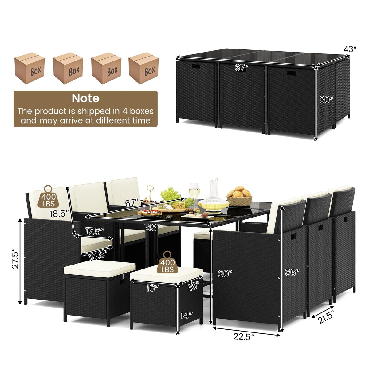 Tangkula 11 Pieces Patio Dining Set, Space-Saving Wicker Chairs & Tempered Glass Table with Ottomans, Thick Soft Cushions, Outdoor Conversation Furniture Set for Garden Yard Poolside Tangkula