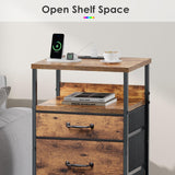 YeTom Nightstand with Charging Station, LED Night Stand with Drawers (Fabric), Bedside Table with Open Shelf, End Table with Steel Frame, 3 Drawer Dresser for Bedroom, Small Space, Rustic Brown YeTom