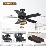 Danilong 42" Ceiling Fans with Lights and Remote, Retro Low Profile Flush Mount Ceiling Fans with Crystal Cage, 6 Speeds Reversible Dual Finish Wooden Blades Fandelier for Kitchen Bedroom Dining Room Dannilong