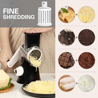 Cambom Rotary Cheese Grater Hand Crank Cheese Shredder for Fresh Cheese, Vegetable, Nuts,Non-slip Suction Base, Free Cleaning Brush Three Blades, Black