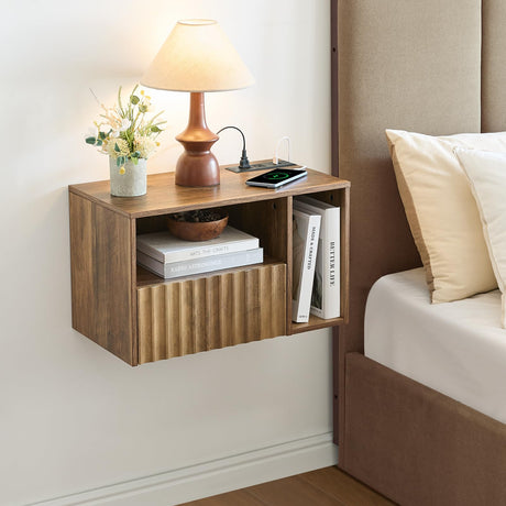 BuildHom Modern Rustic Brown Fluted Floating Nightstand with Charging Station, NightStand with Drawers, Bedside with USB Ports and Outlets, Bedroom Furniture (Right) BuildHom