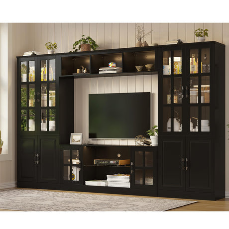 MEISSALIVVE 4-Piece Wall Unit TV Stand with Storage & LED Lights for TVs up to 75", Modern Entertainment Center with Bookshelves & 4-Door Pantry Cabinet, Black MEISSALIVVE