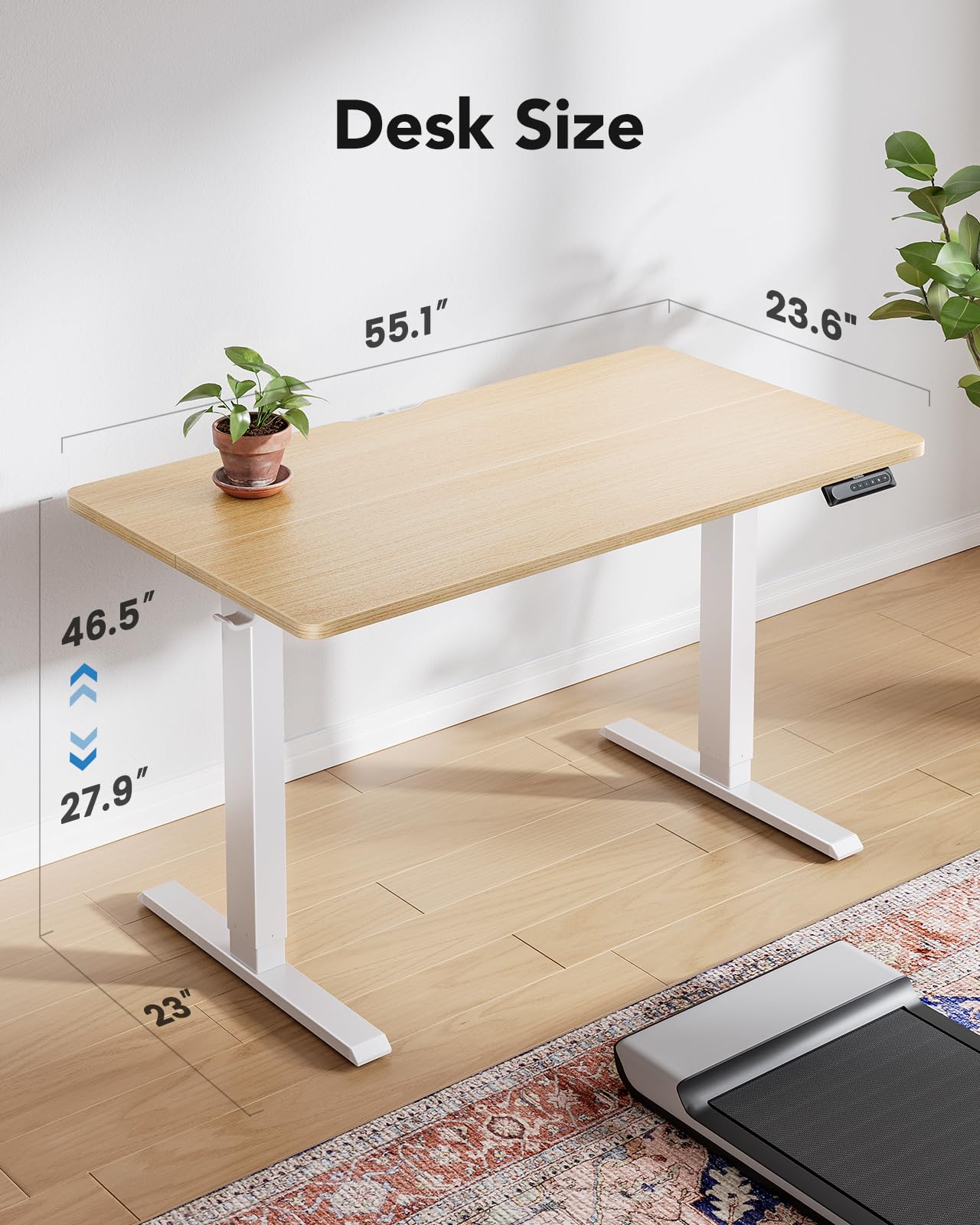 HUANUO 55" x 24" Electric Standing Desk Adjustable Height, 4 Memory Height Settings, Headphone Hook, Cable Manager, Sit Stand Up Desk for Home Office & Computer Workstation, Natural - WoodArtSupply