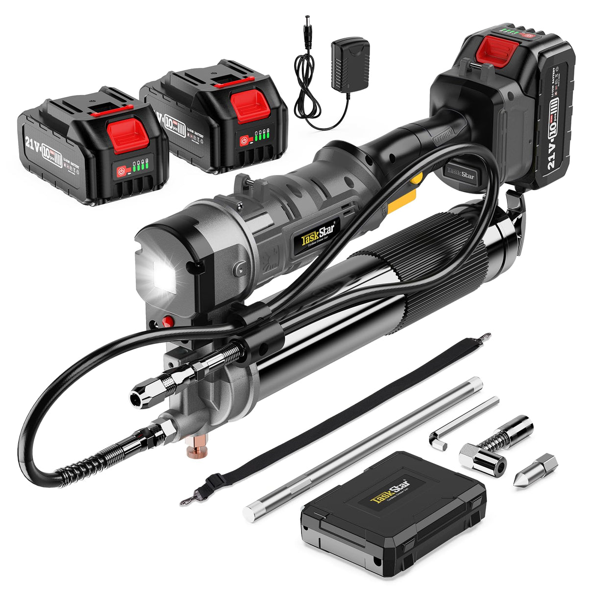 TaskStar Grease Gun, 2-in-1 Easy-to-Use Battery Grease Gun Kit with 2 * 4000mAh Batteries, Efficient Cordless Grease Gun with 90 Degree Coupler Adapter, Electric Grease Gun with LED Light, Gray TaskStar