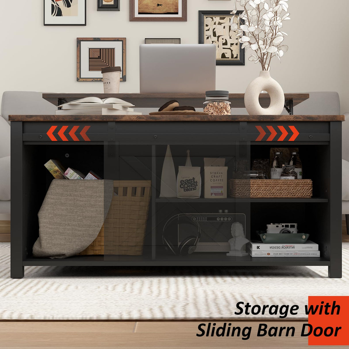 PUKAMI Lift Top Coffee Table with Storage, 31.5" Farmhouse Coffee Table for Living Room, Square Coffee Tables with Large Hidden Storage and Sliding Barn Doors, Black PUKAMI