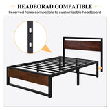 SHA CERLIN 14'' Twin Size Metal Platform Bed Frame with Rustic Wood & Reverse Holes/Ample Under-Bed Storage Space/Mattress Foundation/No Box Spring Needed/Easy Assembly SHA CERLIN