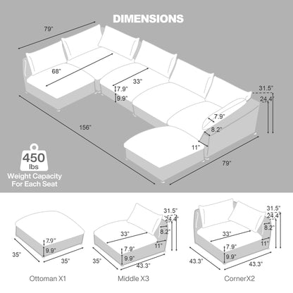 Oversized Modular Sectional Sofa,Cloud Couch Sectional Deep Seat Sofa Cushion Covers Removable,Oversized Sectional Couches for Living Room(6 Seater-Cream White Linen)