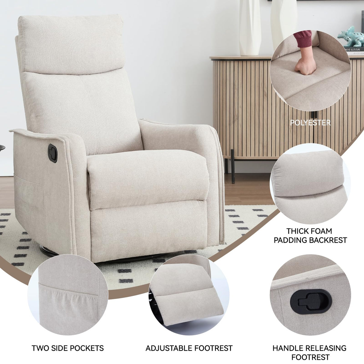 PELUMY Rocker Recliner Chair with Heat Massage - Manual Swivel Recliner for Living Room and Bedroom, 8 Vibration Points, Lumbar Heat, Glider Rocking Chair for Adults (Beige) PELUMY