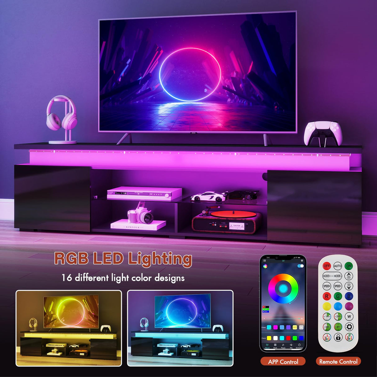 Redkey Modern TV-Stand with Light - Television Stands for 70 75 80 Inch TVs - Entertainment Center with Storage Cabinet for Bedroom Living Room - Open Glass Shelves - 2AC Outlet - Black Redkey