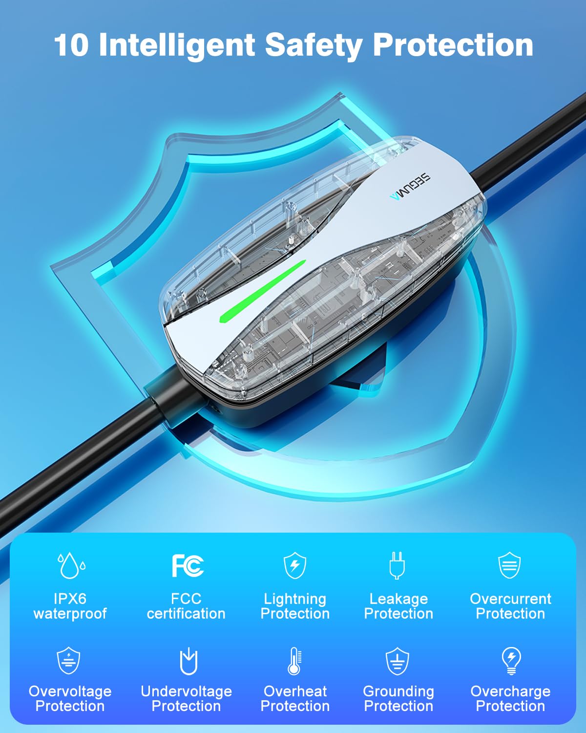 SEGUMA Level 1/2 EV Charger, 16Amp Electric Car Charger Portable EV Charger 25FT Cable with NEMA 6-20 Plug and NEMA 5-15 Adapter, Home Mobile EV Charging Station for J1772 BEVs/PHEVs 110V-240V(Black) SEGUMA