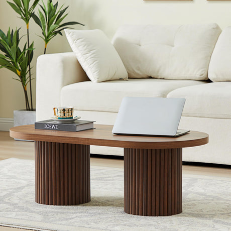 RUSTYER Oval Fluted Coffee Table, Farmhouse Wood Coffee Table Mid Century Modern Center Table Boho Living Room Tables for Living Room Office (Walnut, 19.69" D x 39.38" W x 13.78" H) RUSTYER