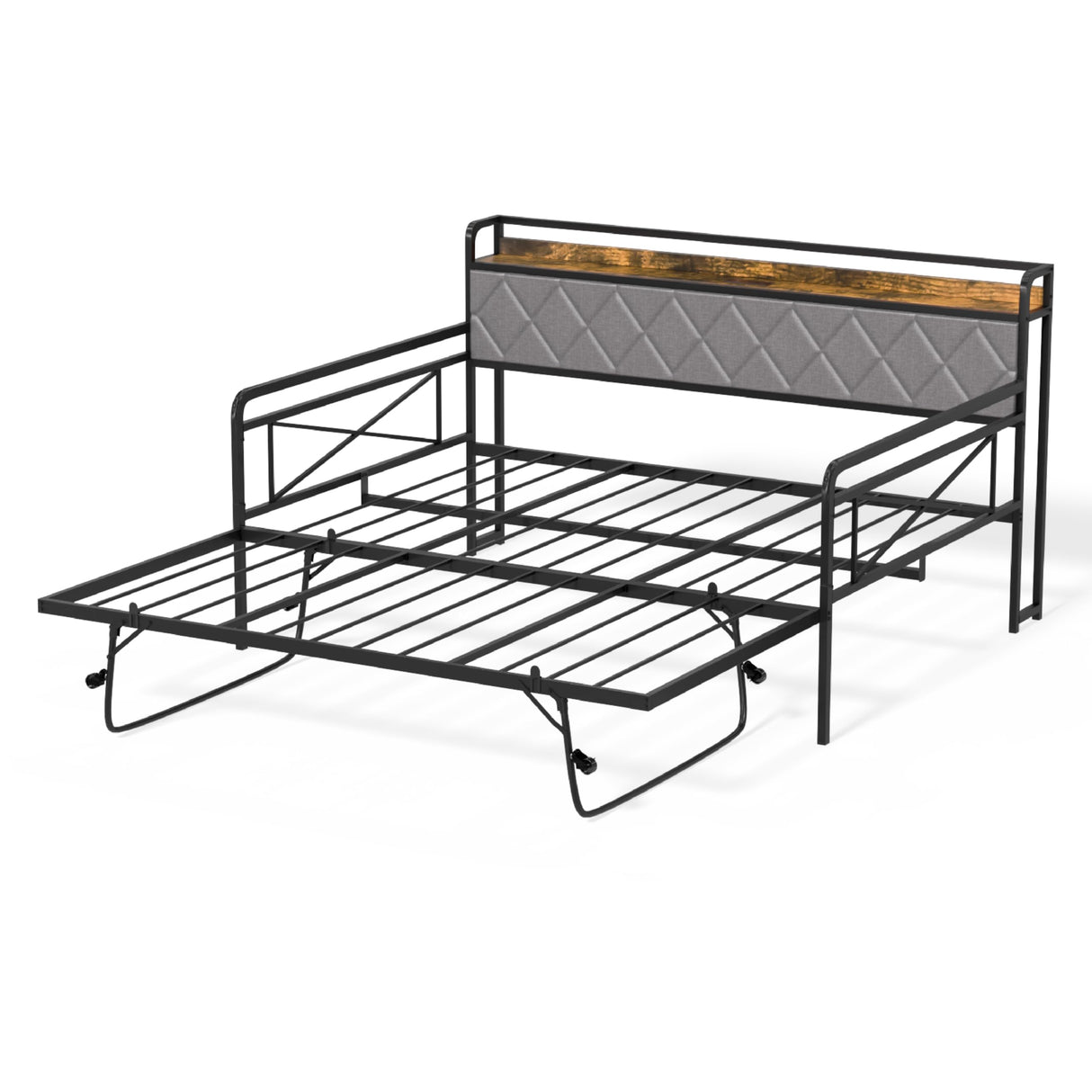 VINGLI Full Daybed with Trundle Bed, Upholstered Day Bed with LED Light & Charing Station, Sofa Bed Frame with Storage Headboard and Heavy Duty Metal Slats, for Living Room, Bedroom, Guest Room, Gray VINGLI