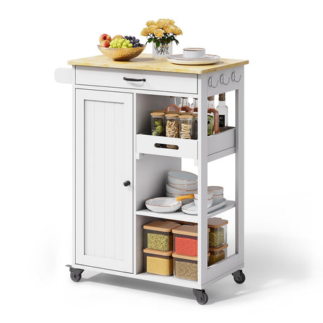 Gizoon Kitchen Island Cart with Removable Tray, 27.6''W Rolling Utility Trolley Cart with Drawer, Cabinet, Towel Rack, Hooks and 3 Open Storage Shelves, Mobile Storage Cart for Dining Room, Bar, White Gizoon