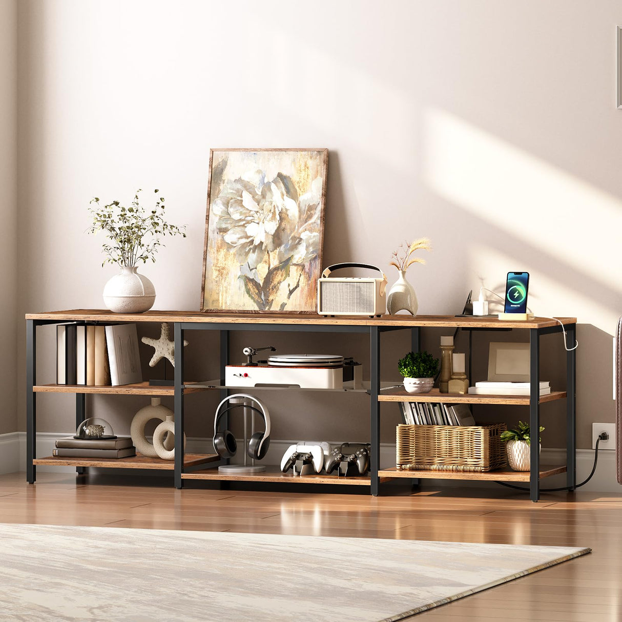 HOOBRO LED TV Stand for 75 Inch TVs with Charging Station, Gaming Entertainment Center with Open Storage, Media TV Console Table, TV Stand for Living Room, Bedroom, Rustic Brown and Black BF21UDDS01 HOOBRO