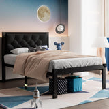 Feonase Twin Size Metal Bed Frame with Faux Leather Button Tufted Headboard, Heavy-Duty Platform Bed Frame with 12" Storage, Steel Slats Support, No Box Spring Needed, Noise Free, Black Feonase