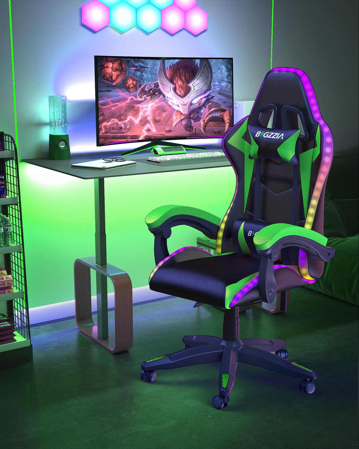 Bigzzia RGB Gaming Chair with LED Lights and Ergonomic Computer Chair Reclining PU Leather High Back Video Game Chair with Headrest Adjustable Lumbar Support Linkage Armrest for Adults (Black/Green) Bigzzia