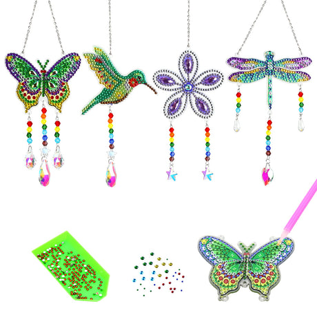Diamond Art Painting Suncatchers, 4 pcs Sun Catchers Diamond Art Painting Kits for Kids DIY Crafts for Adults Hummingbird Prism Crystal Suncatchers Wind Chime Windows Garden Decorations Bingcute