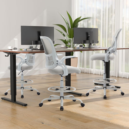 SMUG Drafting Chair, Tall Office Chair Tall Standing Desk Chair Counter Height Adjustable Office Chair with Flip-up Arms, Mid Back Mesh Office Drafting Chair, Grey