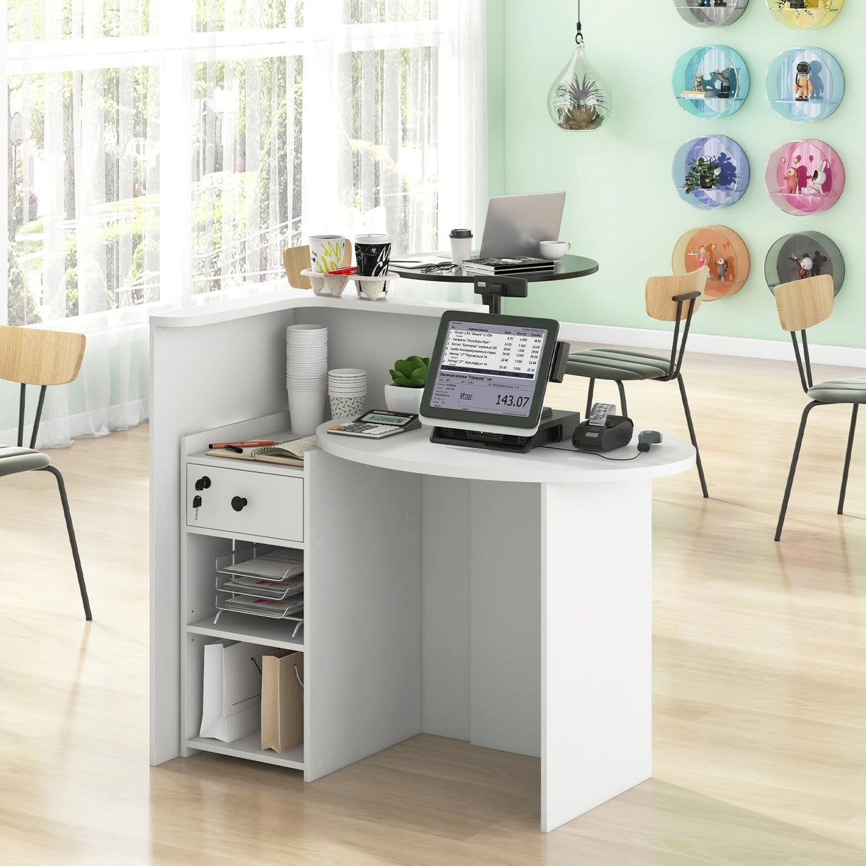 Giantex Reception Desk, Front Counter Desk with Lockable Drawer, Checkout Table with Round Tabletop, Corner Shelf & Adjustable Shelf for Office Beauty Salon Retail Store (White) Giantex