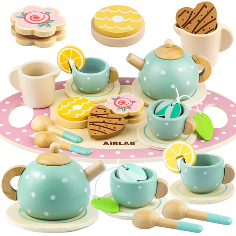 Wooden Tea Set for Little Girls Play Food Pretend Play Kitchen Accessories for 3 4 5 Years Old Girls and Boys Toddler Princess Tea Time Party Food Toys Airlab