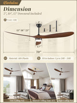Fanbulous 70 inch Propeller Ceiling Fan With Light, Led Large Ceiling Fan with 6 Speeds, 3 ABS Wood Grain Blades Outdoor Ceiling Fans for Patios, Porch, Bedroom, 1/4/8H Timing- Deep Walnut Fanbulous