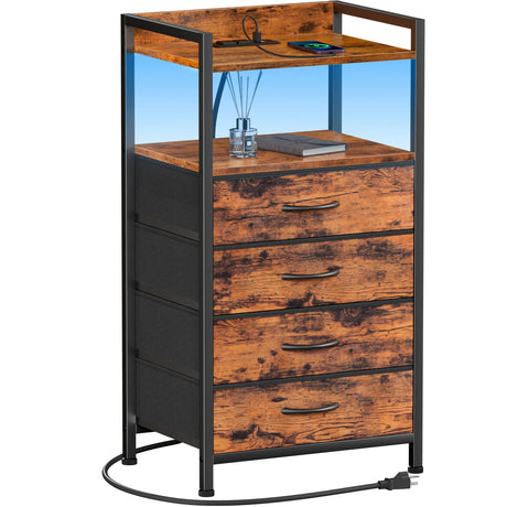 Furnulem 4 Drawer Dresser for Bedroom, Tall Nightstand with Led Light and Charging Station, Small Night Stand Bedside Table, Fabric Bins, Metal Frame, Wood Shelf, Side Furniture(Rustic Brown) Furnulem